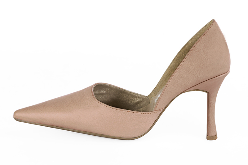 Powder pink women's open arch dress pumps. Pointed toe. Very high slim heel. Profile view - Florence KOOIJMAN